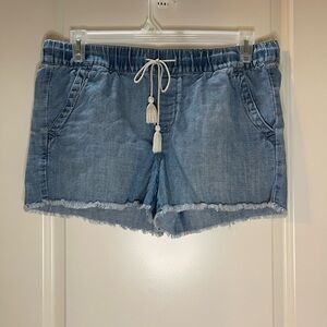 LOFT Jean Shorts with Frayed Hem & Drawstring Waist Cotton/Linen Blend Size 6
